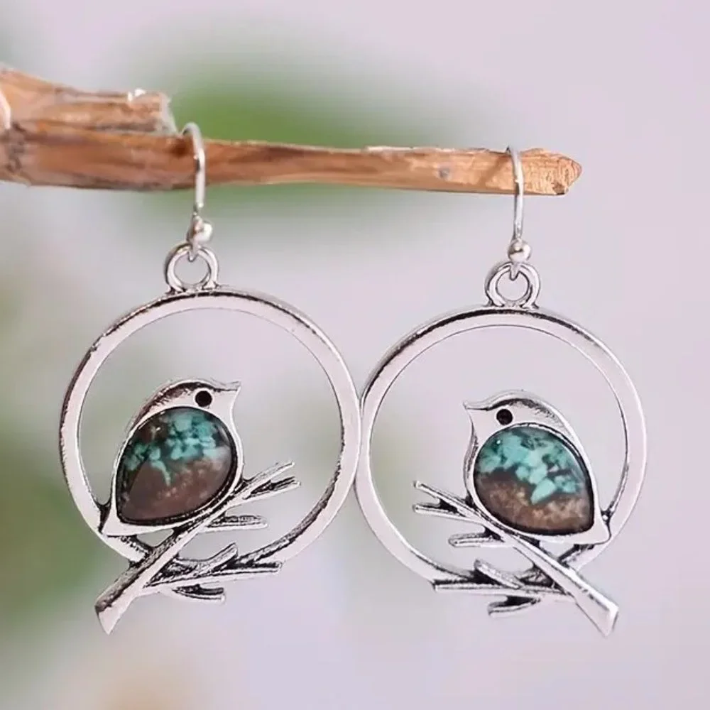 Bird Earrings Drop Hoop Dangle Silver Tone Inlayed Nature Tree Turquoise Stone